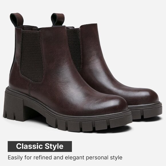 Vepose Women's Brown Faux Chelsea Leather Lug Sole Elastic Slip on Ankle Booties - Picture 5 of 9